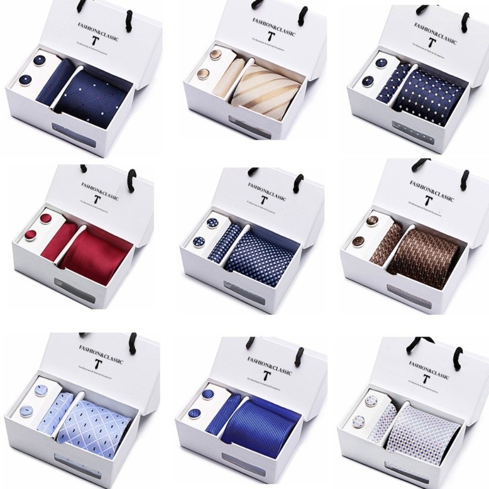 Neck Tie Set Box - เนคไทผ้าไหมทอแจ็คการ์ดสุดหรู ลายเพสลีย์คลาสสิกสง่างาม ชุดเนคไทพร้อมกระดุมข้อมือในกล่องของขวัญ สำหรับผู้ชาย
